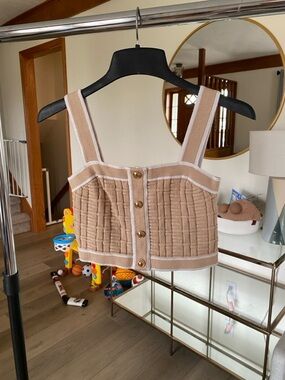 Beige Knit Button-Front Cropped Tank